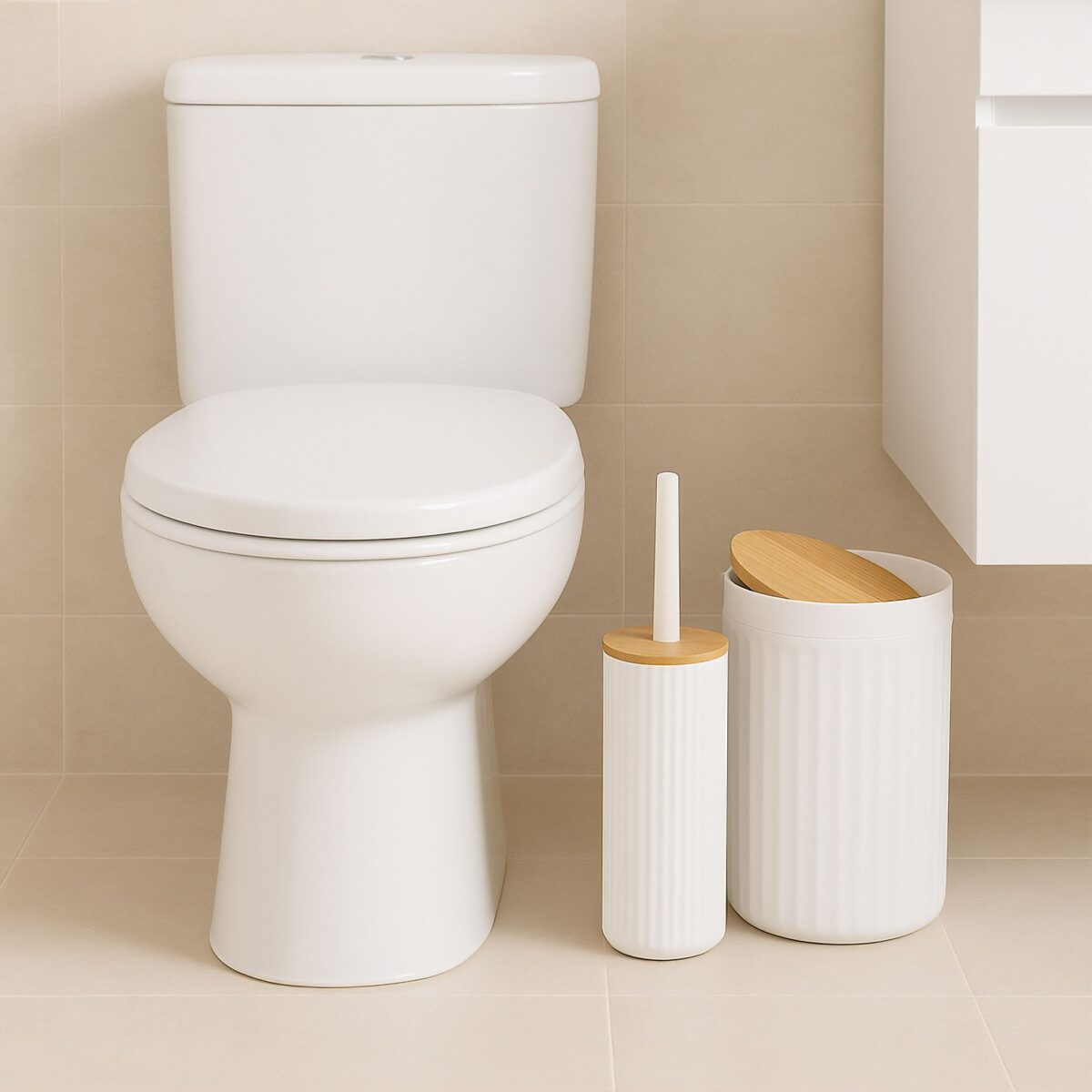 Set de baie cu 6 piese, cos de gunoi 5 l, perie toaleta, dispenser sapun, savoniera, pahar, suport periute, plastic, alb, Relaxdays - imagine 3