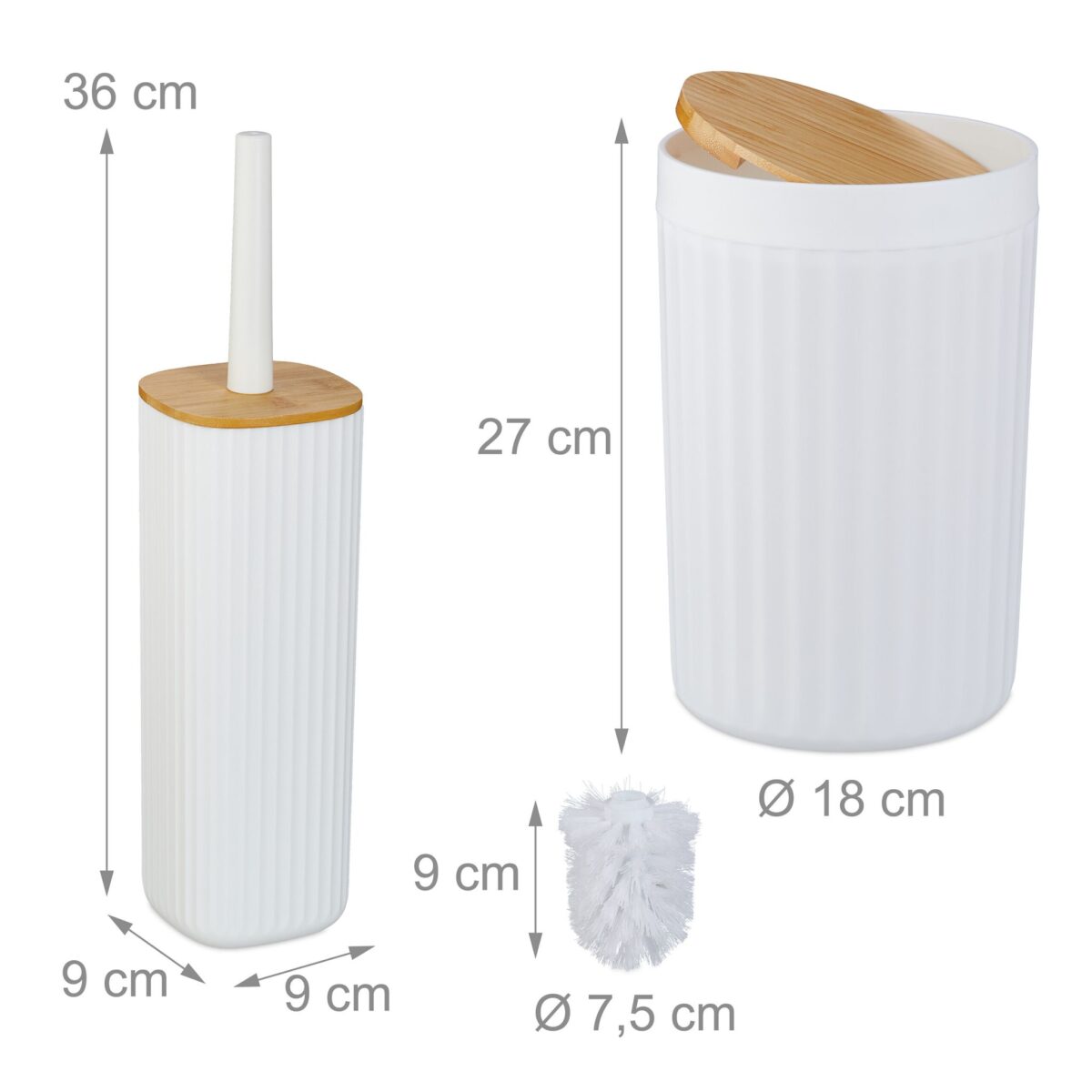 Set de baie cu 6 piese, cos de gunoi 5 l, perie toaleta, dispenser sapun, savoniera, pahar, suport periute, plastic, alb, Relaxdays - imagine 4