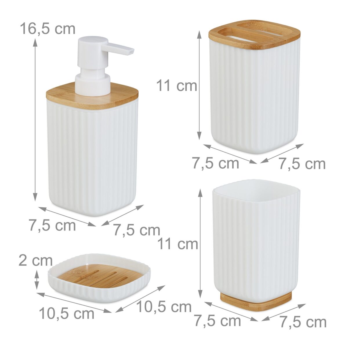 Set de baie cu 6 piese, cos de gunoi 5 l, perie toaleta, dispenser sapun, savoniera, pahar, suport periute, plastic, alb, Relaxdays - imagine 5