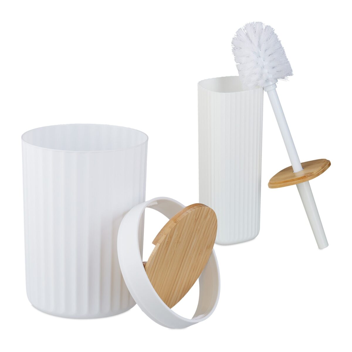 Set de baie cu 6 piese, cos de gunoi 5 l, perie toaleta, dispenser sapun, savoniera, pahar, suport periute, plastic, alb, Relaxdays - imagine 6