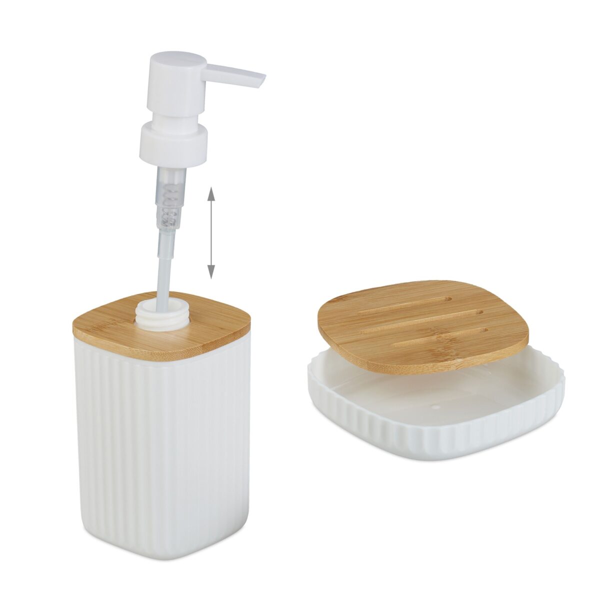 Set de baie cu 6 piese, cos de gunoi 5 l, perie toaleta, dispenser sapun, savoniera, pahar, suport periute, plastic, alb, Relaxdays - imagine 7