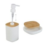 Set de baie cu 6 piese, cos de gunoi 5 l, perie toaleta, dispenser sapun, savoniera, pahar, suport periute, plastic, alb, Relaxdays - imagine 7