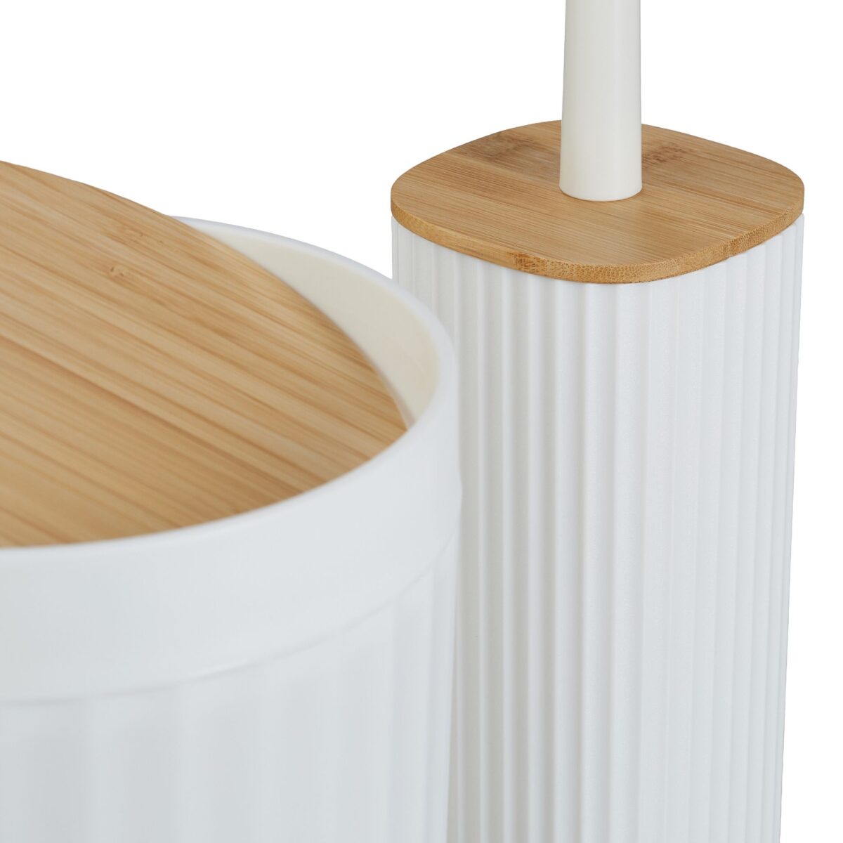 Set de baie cu 6 piese, cos de gunoi 5 l, perie toaleta, dispenser sapun, savoniera, pahar, suport periute, plastic, alb, Relaxdays - imagine 9