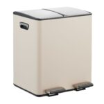 Cos de gunoi cu pedala 2 x 15 litri, reciclare selectiva, din otel inoxidabil, 30 L, crem, 47,5 x 42 x 37 cm, Relaxdays