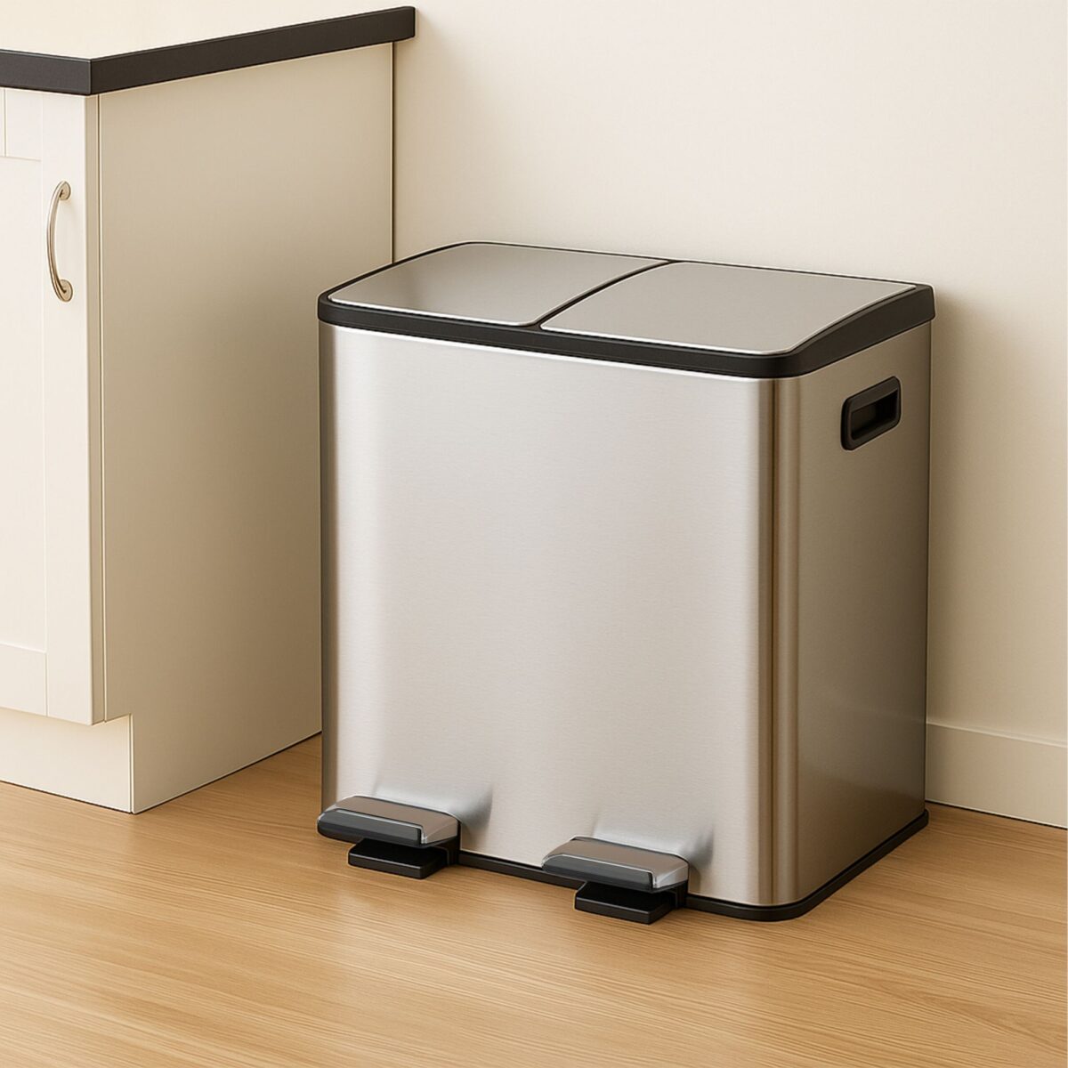 Cos de gunoi cu pedala 2 x 15 litri, reciclare selectiva, din otel inoxidabil, 30 L, argintiu, 47,5 x 42 x 37 cm, Relaxdays - imagine 3