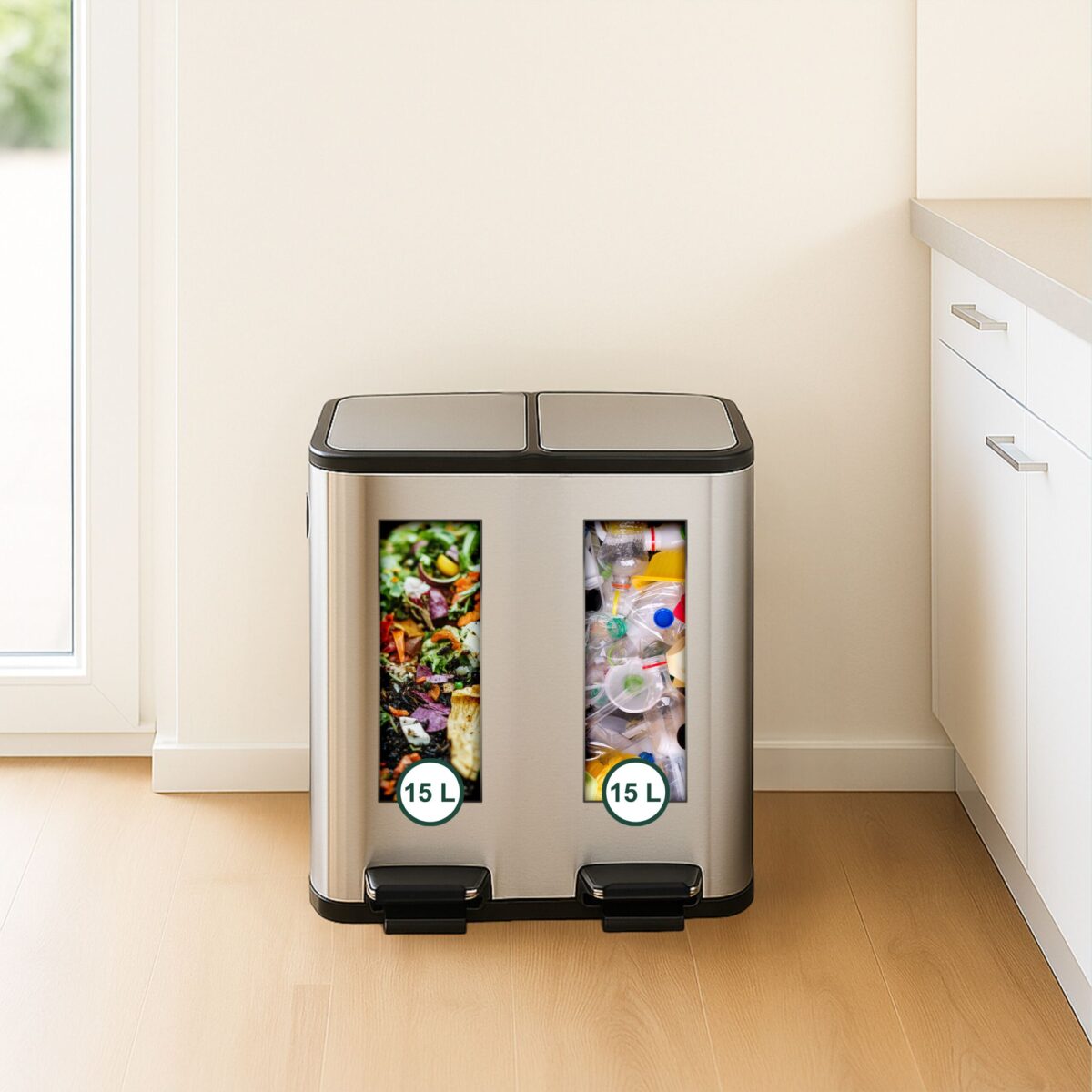Cos de gunoi cu pedala 2 x 15 litri, reciclare selectiva, din otel inoxidabil, 30 L, argintiu, 47,5 x 42 x 37 cm, Relaxdays - imagine 5