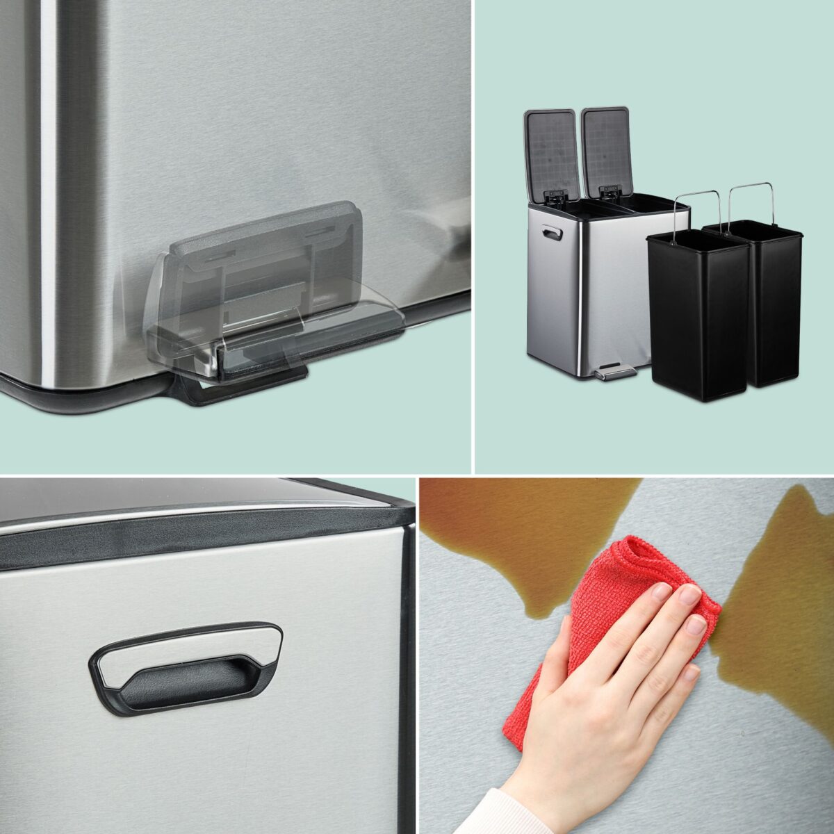 Cos de gunoi cu pedala 2 x 15 litri, reciclare selectiva, din otel inoxidabil, 30 L, argintiu, 47,5 x 42 x 37 cm, Relaxdays - imagine 6