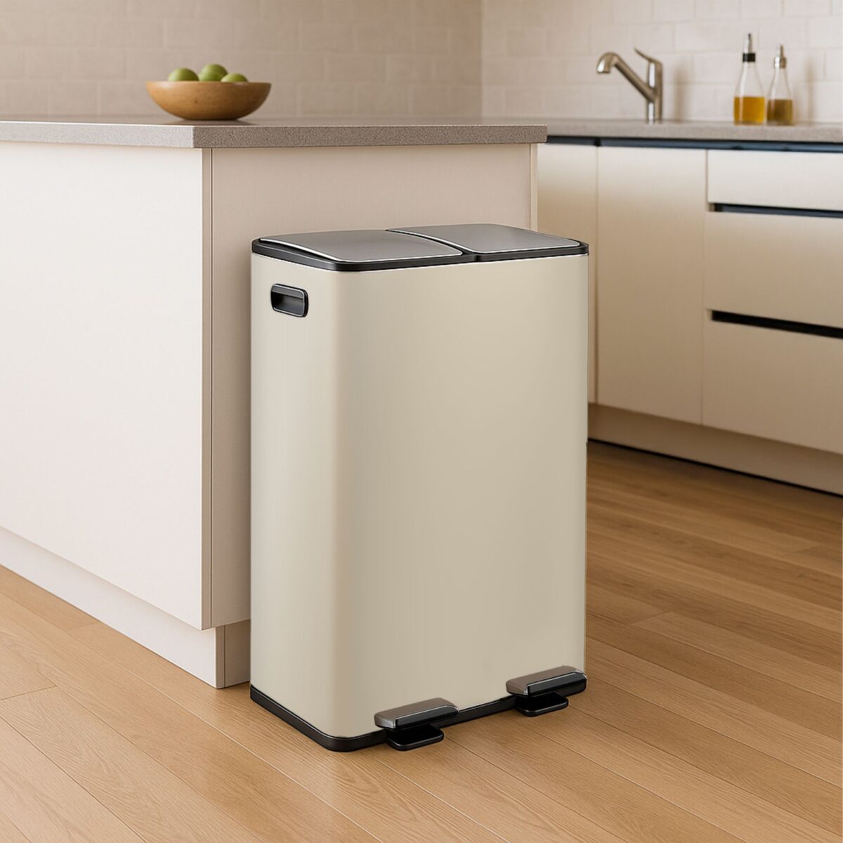 Cos de gunoi cu pedala 2 x 30 L, reciclare selectiva, crem, inchidere silentioasa, 71,5 x 47 x 36 cm, Relaxdays - imagine 3
