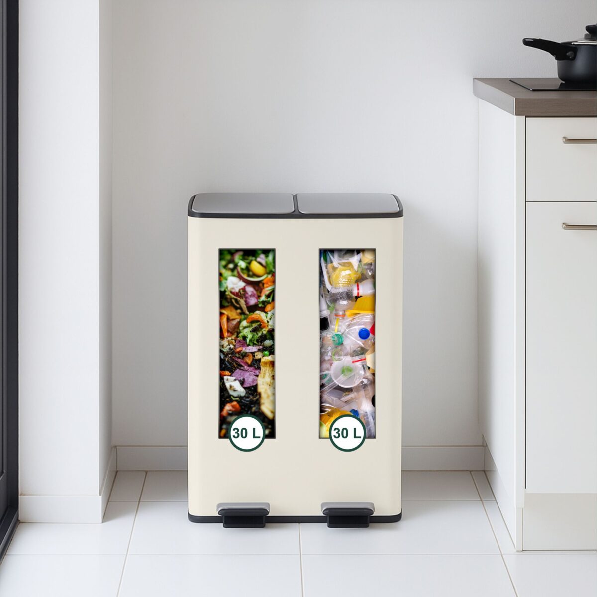 Cos de gunoi cu pedala 2 x 30 L, reciclare selectiva, crem, inchidere silentioasa, 71,5 x 47 x 36 cm, Relaxdays - imagine 5