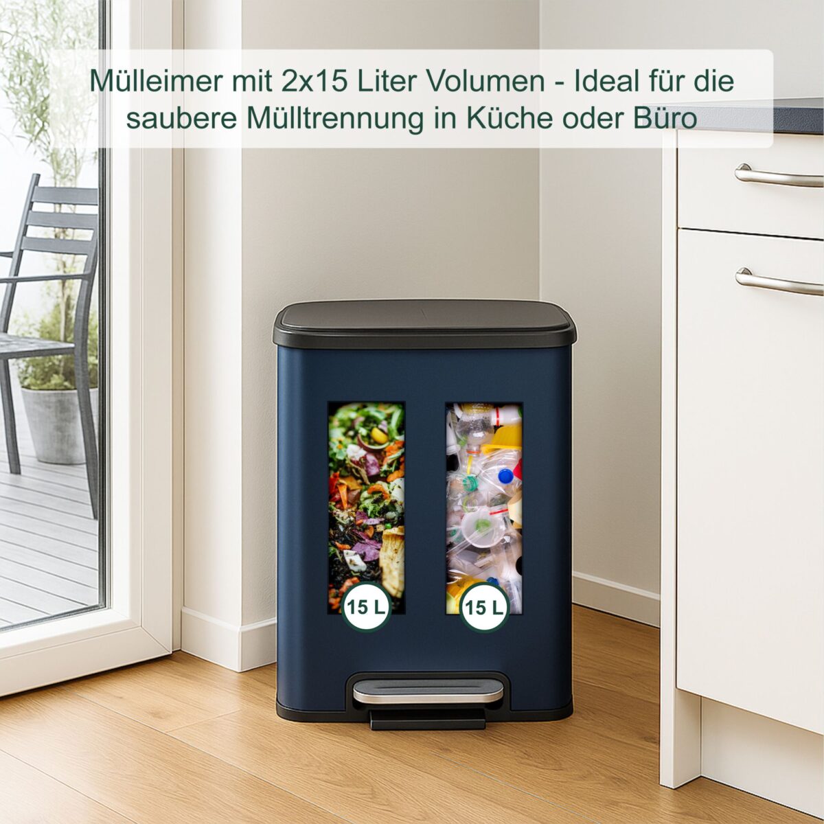 Cos de gunoi cu 2 compartimente 2 x 15 litri, reciclare selectiva, fier, albastru, Relaxdays - imagine 5