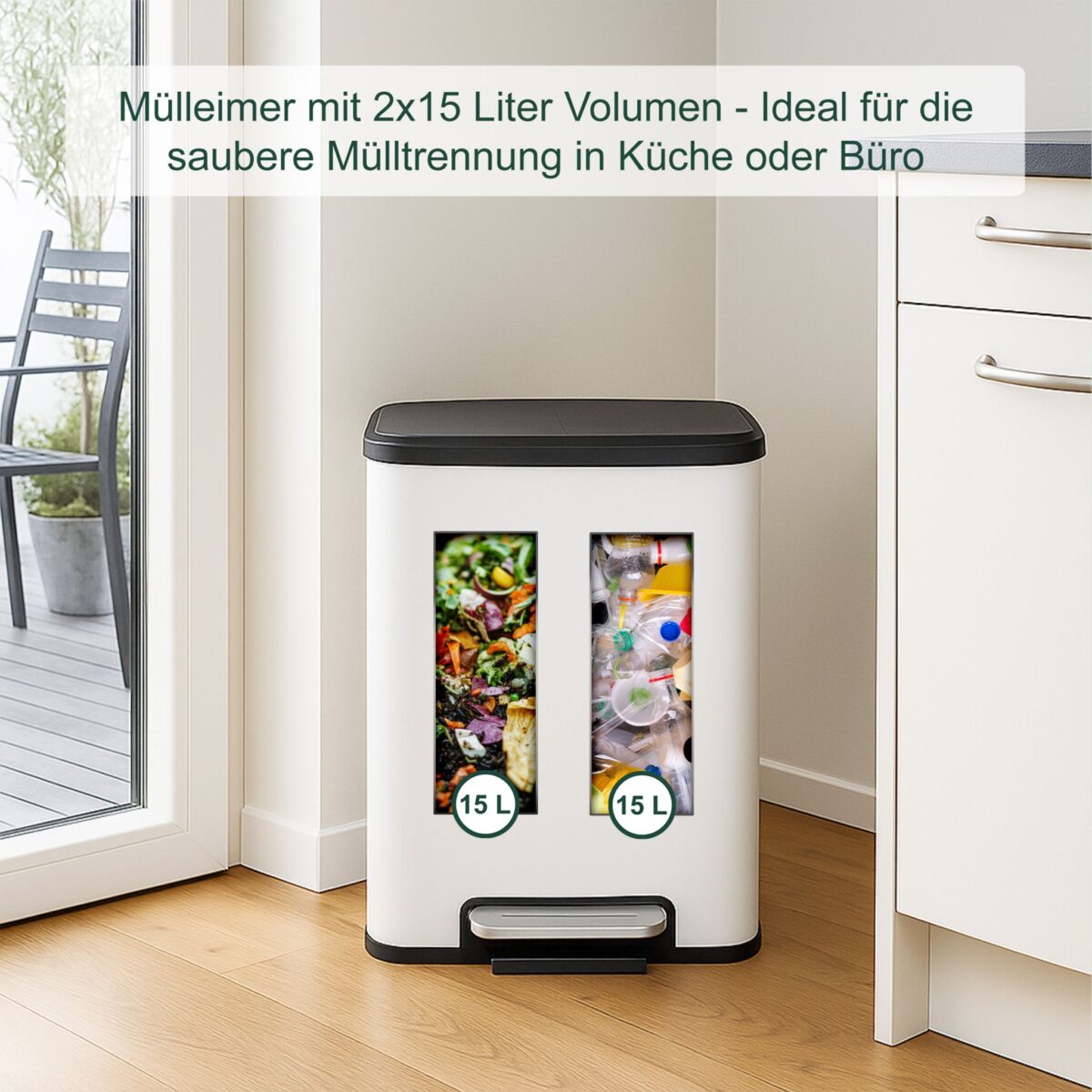 Cos de gunoi cu 2 compartimente 2 x 15 litri, reciclare selectiva, fier, alb, Relaxdays - imagine 5