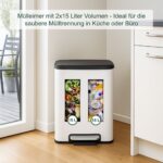 Cos de gunoi cu 2 compartimente 2 x 15 litri, reciclare selectiva, fier, alb, Relaxdays - imagine 5