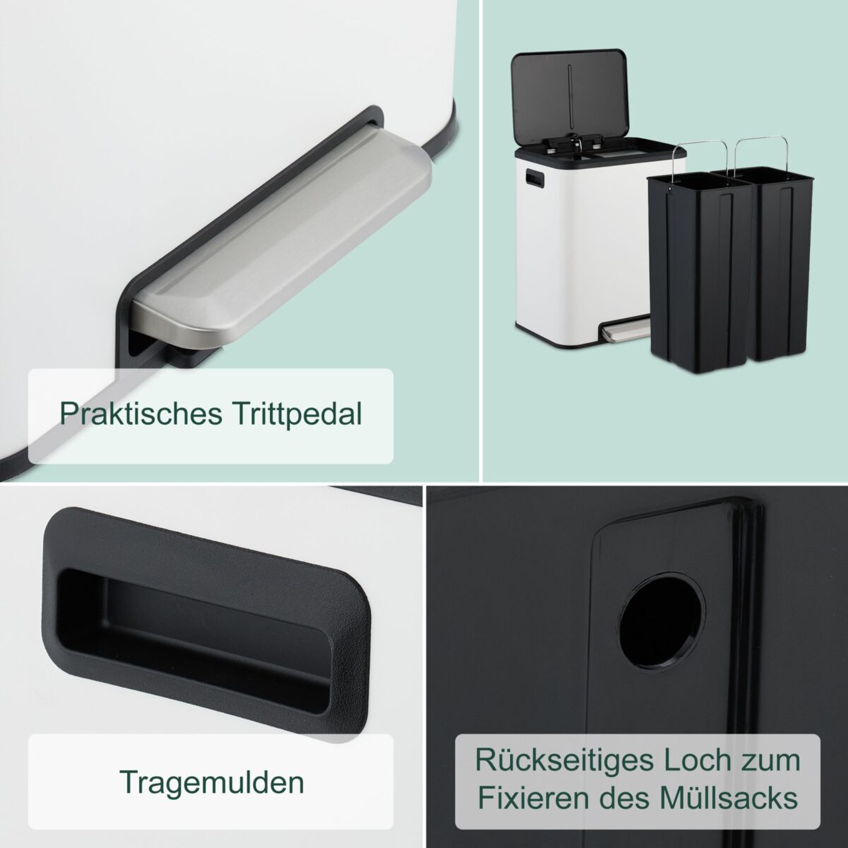 Cos de gunoi cu 2 compartimente 2 x 15 litri, reciclare selectiva, fier, alb, Relaxdays - imagine 6