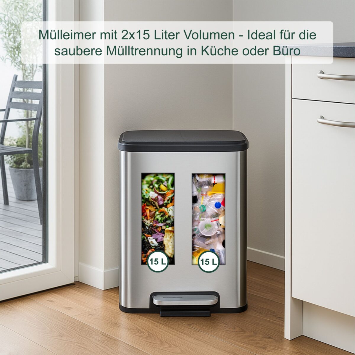 Cos de gunoi cu 2 compartimente 2 x 15 litri, reciclare selectiva, otel inoxidabil, argintiu, Relaxdays - imagine 5