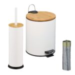 Set de baie, cos de gunoi 5 L si perie de toaleta, metal, bambus, alb, Relaxdays