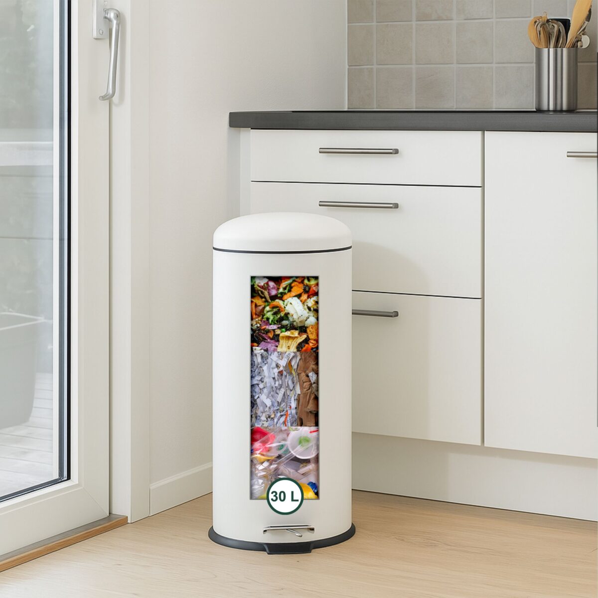 Cos de gunoi cu pedala, 30 L, alb, otel, 68 x 28 x 32 cm, Relaxdays - imagine 5