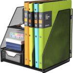 Organizator metalic pentru birou, compartimente documente, sertar, suport pixuri, negru