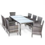 Set mobilier de gradina, poliratan/sticla, 9 piese, gri