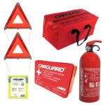 Kit siguranta auto obligatoriu omologat R.A.R - Stingator cu Manometru, vesta reflectorizanta XL, 2 triunghiuri, trusa medicala, geanta portbagaj