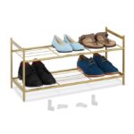 Suport cu 2 rafturi pentru pantofi, Relaxdays, dimensiuni 33,5 x 70 x 26 cm, capacitate 6 perechi pantofi, auriu