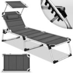 Sezlong tillvex® cu baldachin si perna antracit - Tapiterie premium | Spatar reglabil in 5 pozitii, sustinere 150 kg, 212 cm