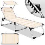 Sezlong tillvex® cu baldachin si perna crem - Tapiterie premium | Spatar reglabil in 5 pozitii, sustinere 150 kg, 212 cm