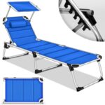 Sezlong tillvex® cu baldachin si perna, albastru - Tapiterie premium | Spatar reglabil in 5 pozitii, sustinere 150 kg, 212 cm