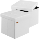 Set 2 taburete pliabile cu spatiu de depozitare, din piele ecologică, alb, 38x38x38cm, Casaria®