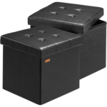 Set 2 taburete pliabile cu spatiu de depozitare, din piele ecologică, negru, 38x38x38cm, Casaria®