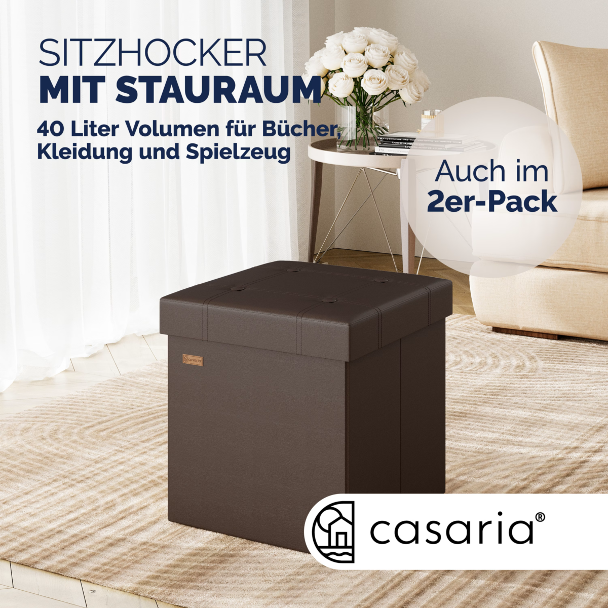 Taburet pliabil cu spatiu de depozitare, din piele ecologică, maro, 40l, 38x38x38cm, Casaria® - imagine 4