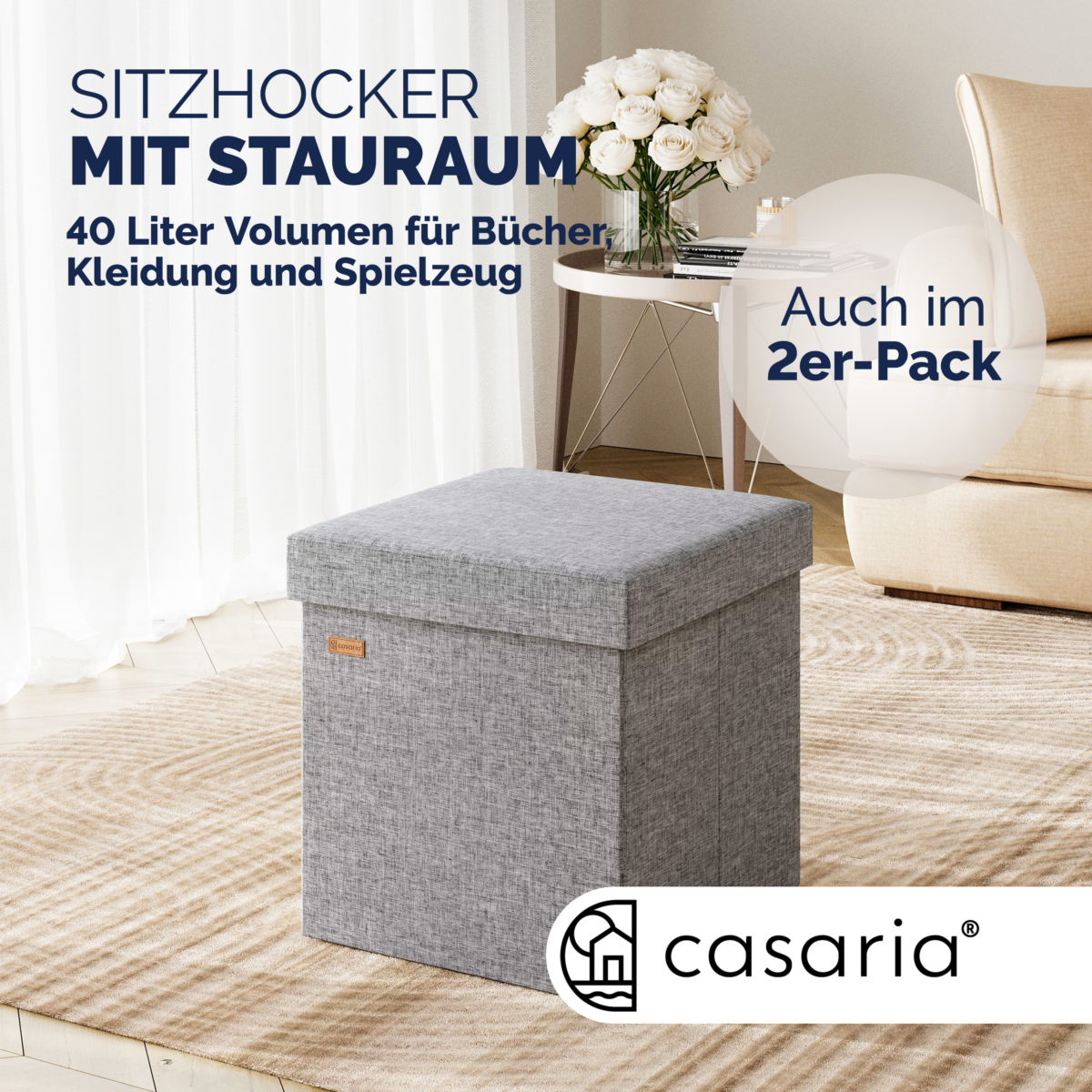 Taburet pliabil cu spatiu de depozitare, gri, 40l, 38x38x38cm, Casaria® - imagine 4
