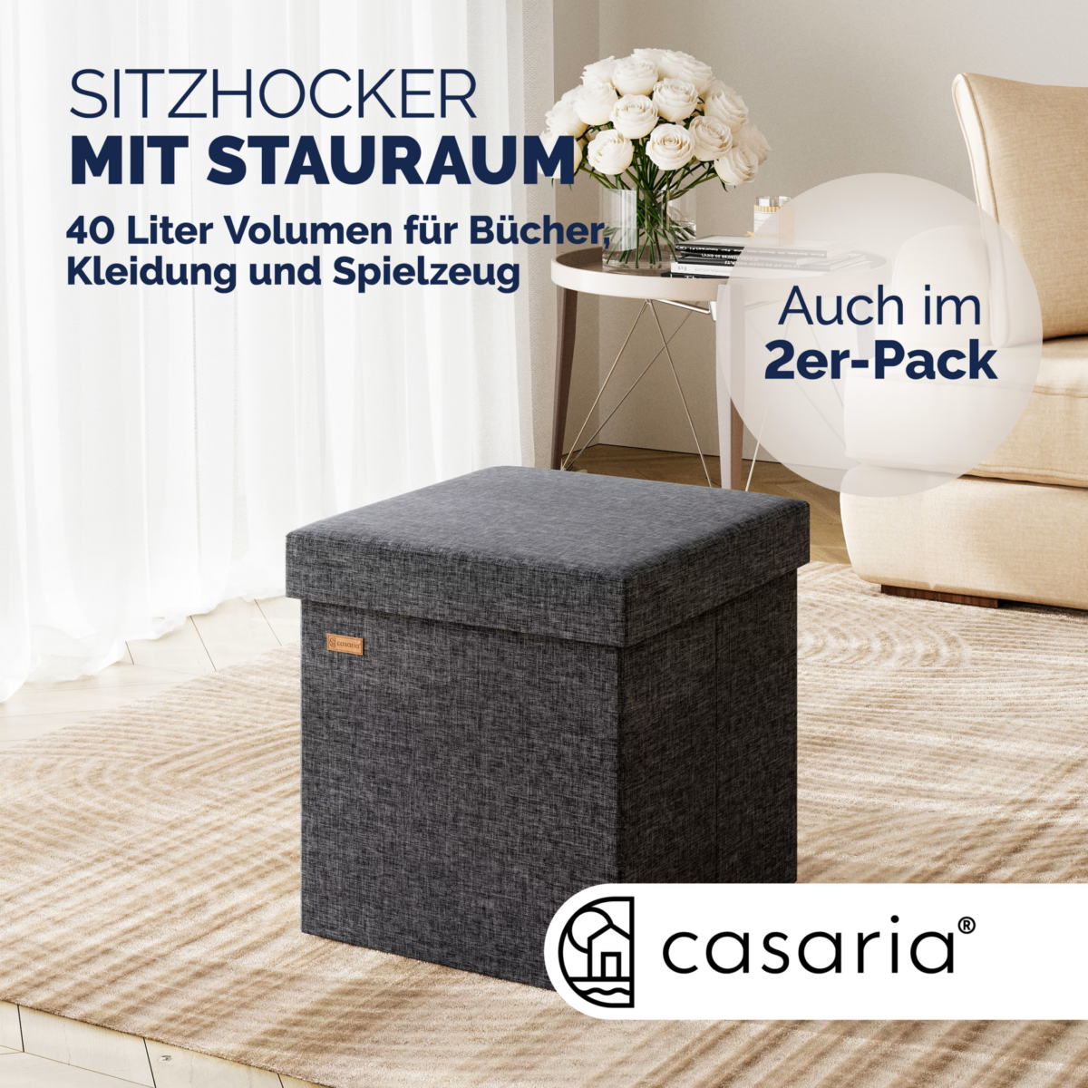 Set 2 taburete pliabile cu spatiu de depozitare, gri inchis, 40l, 38x38x38cm, Casaria® - imagine 3