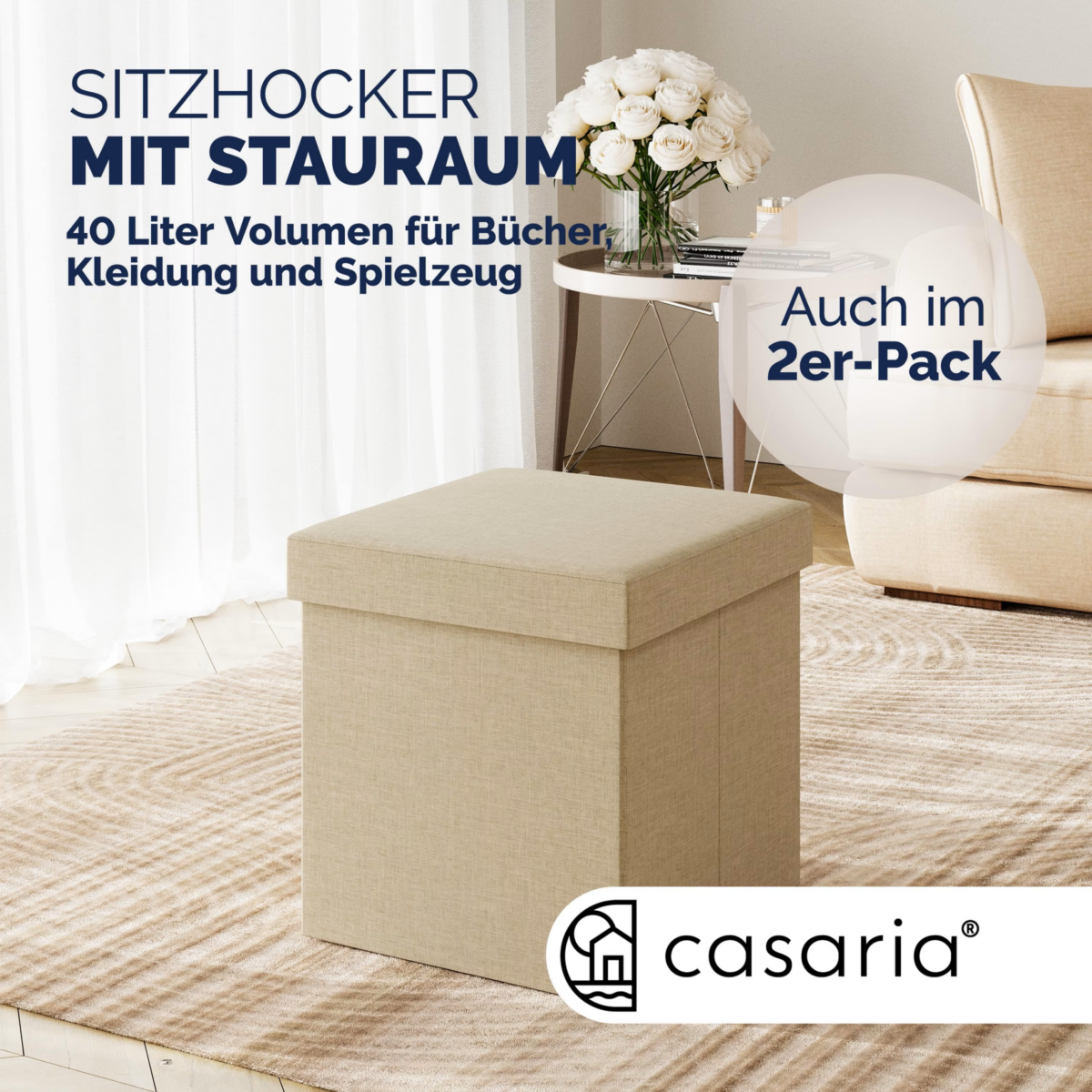 Set 2 taburete pliabile cu spatiu de depozitare, bej, 40l, 38x38x38cm, Casaria® - imagine 3