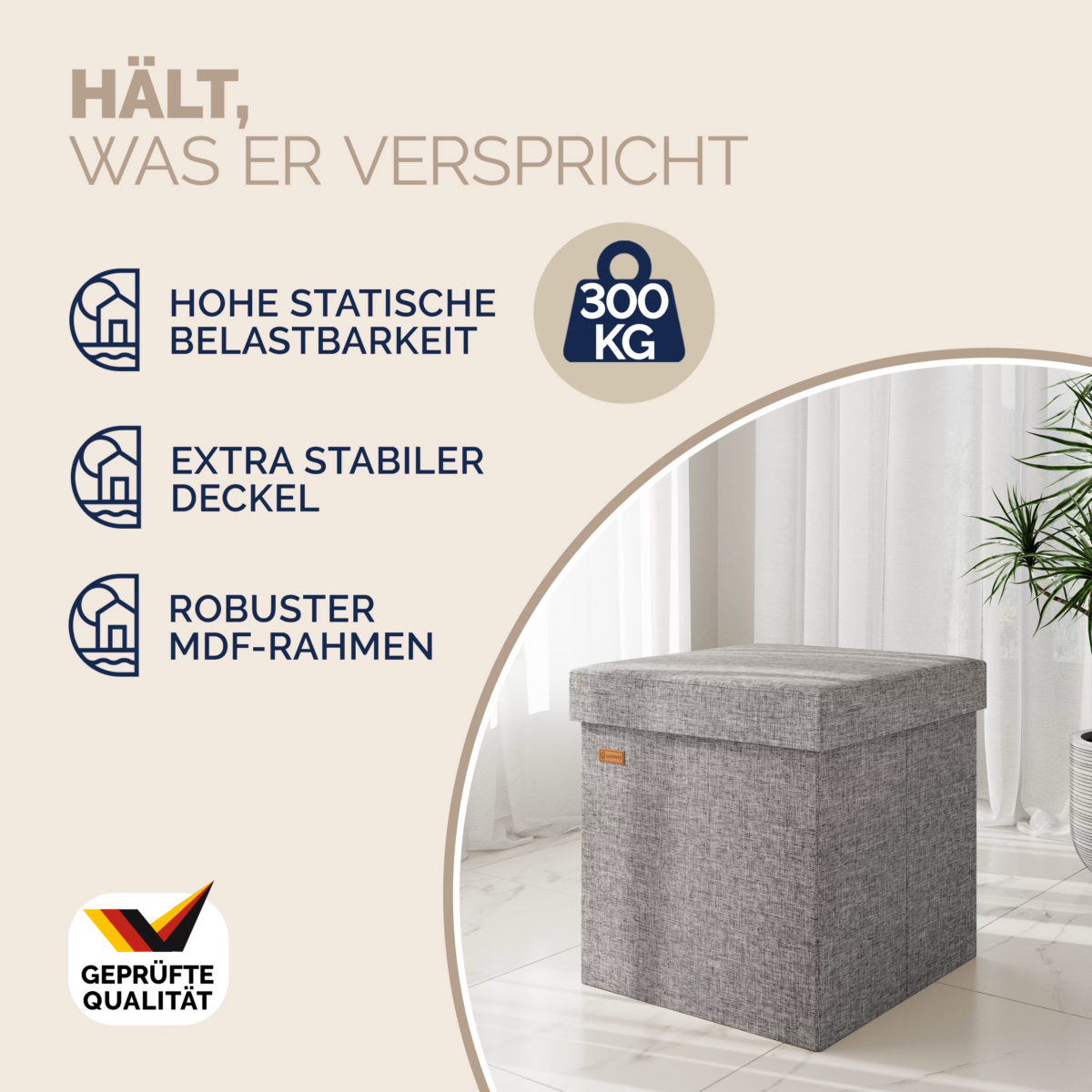 Taburet pliabil cu spatiu de depozitare, gri, 40l, 38x38x38cm, Casaria® - imagine 5