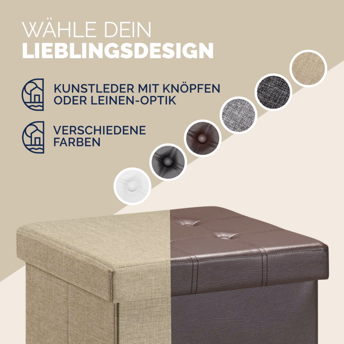 Set 2 taburete pliabile cu spatiu de depozitare, bej, 40l, 38x38x38cm, Casaria® - imagine 5
