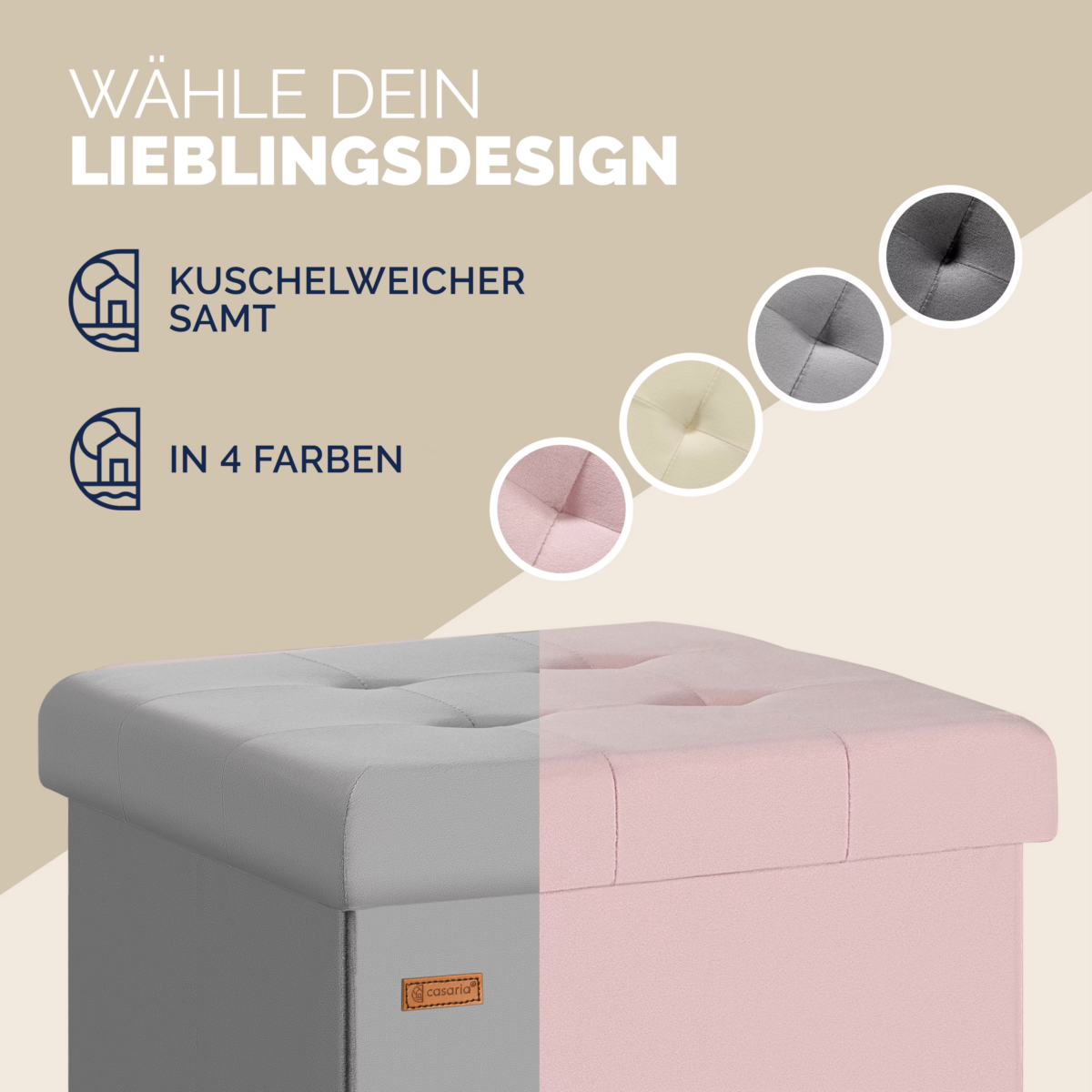 Taburet pliabil cu spatiu de depozitare, din catifea, gri, 40l, 42x38x38cm, Casaria® - imagine 5