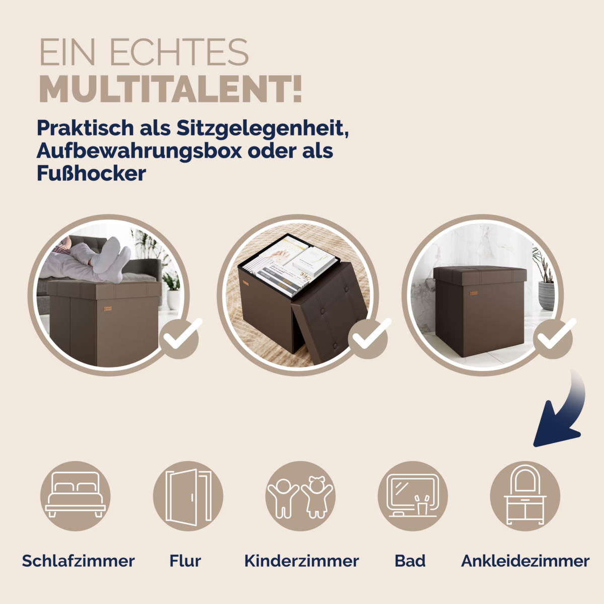 Taburet pliabil cu spatiu de depozitare, din piele ecologică, maro, 40l, 38x38x38cm, Casaria® - imagine 7