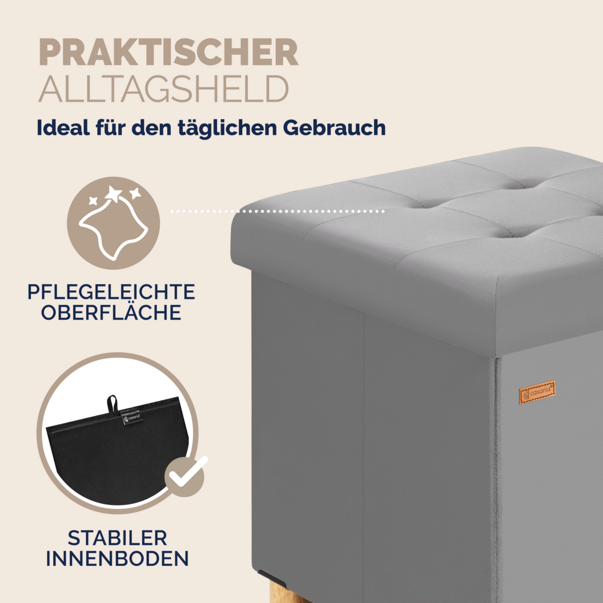 Taburet pliabil cu spatiu de depozitare, din catifea, gri, 40l, 42x38x38cm, Casaria® - imagine 8