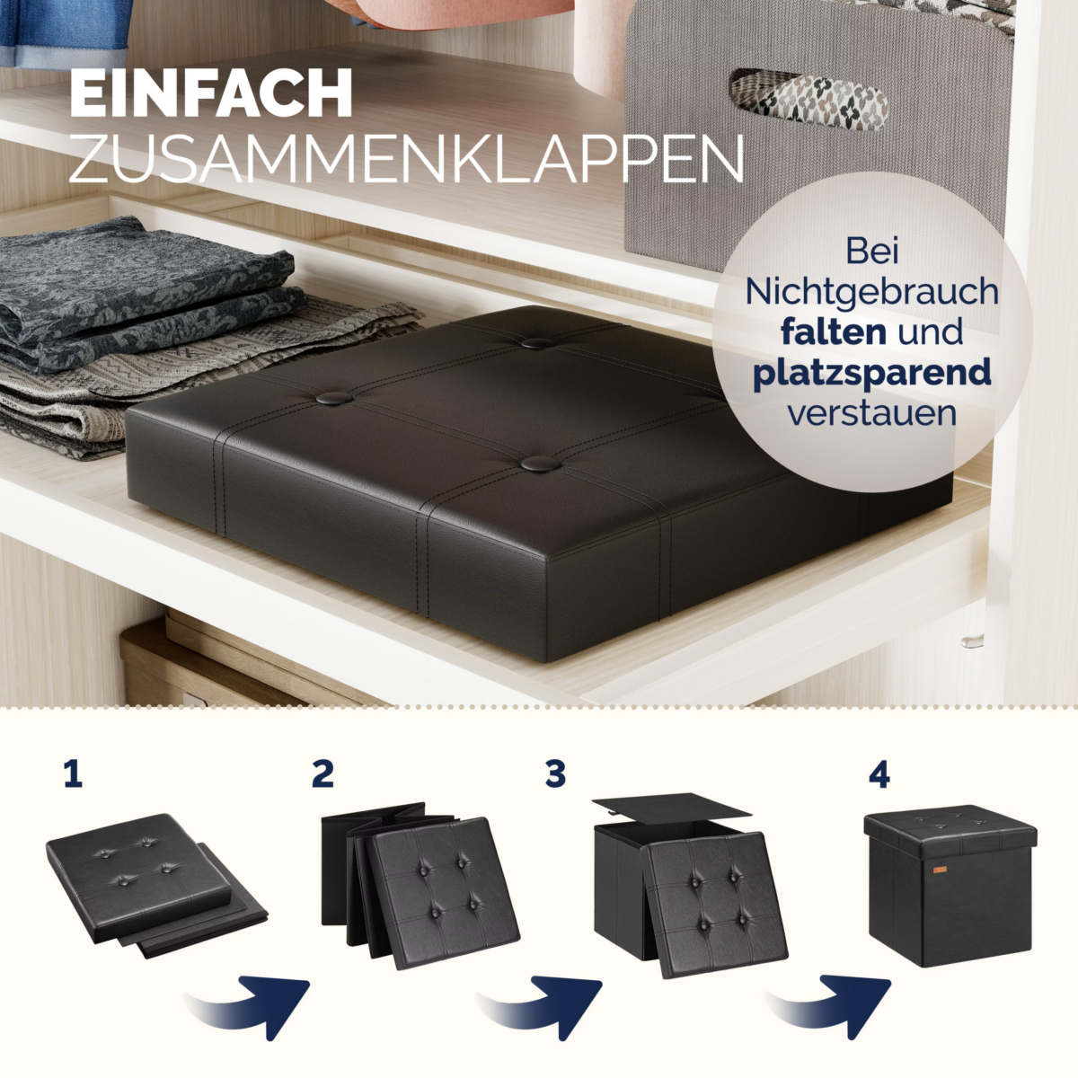 Set 2 taburete pliabile cu spatiu de depozitare, din piele ecologică, negru, 38x38x38cm, Casaria® - imagine 2