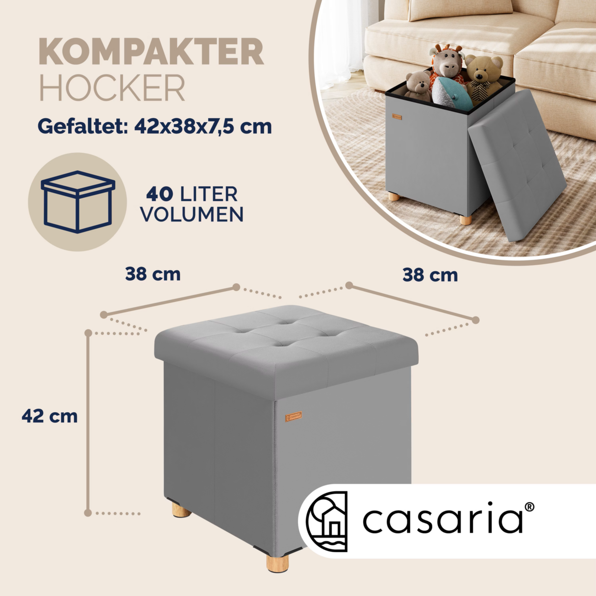 Taburet pliabil cu spatiu de depozitare, din catifea, gri, 40l, 42x38x38cm, Casaria® - imagine 10