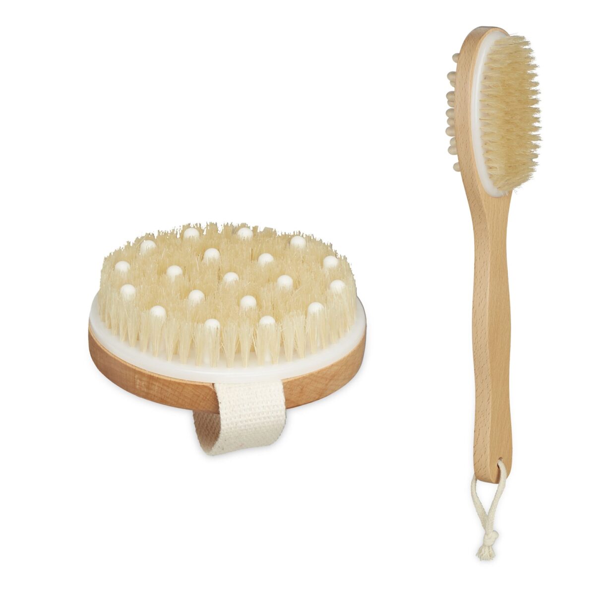Set de 2 perii de baie pentru masaj, din bambus, din peri naturali, natural/ alb, Relaxdays - imagine 2