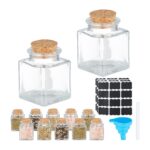 Set 12 recipiente pentru condimente, patrate, cu capac din pluta, accesorii, Relaxdays
