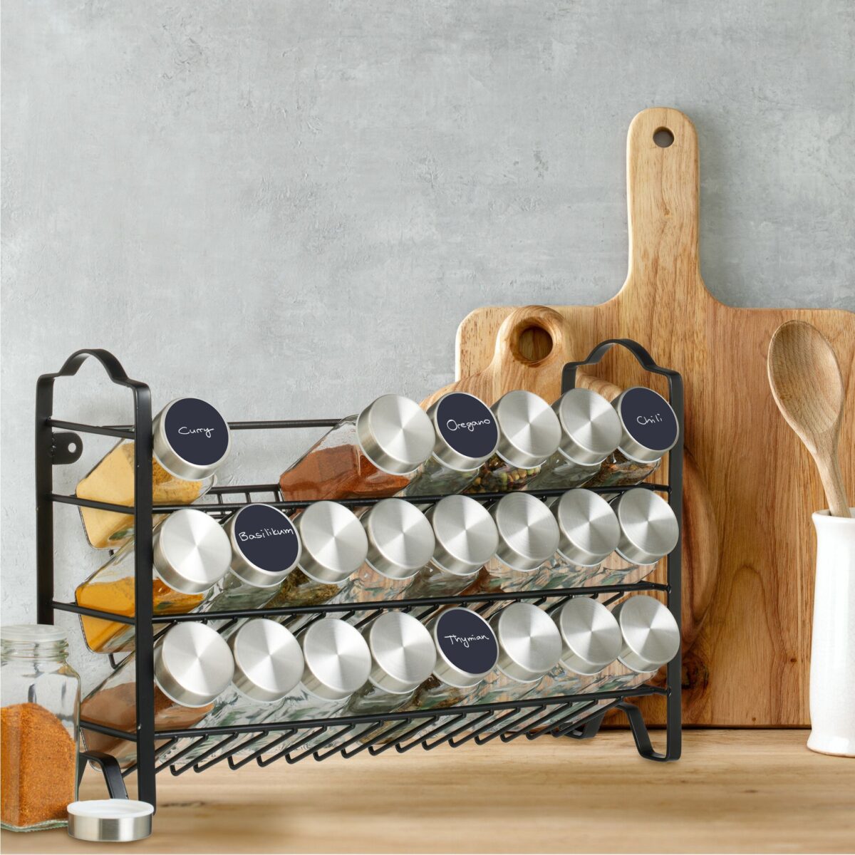 Set 24 recipiente condimente, cu suport, 25,5 x 38,5 x 12,5 cm, argintiu, Relaxdays - imagine 2