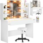 Masa de toaleta pentru machiaj cu scaun rotativ, LED, lumina cu senzor in sertar, CASARIA®, alba, 140 x 110 x 40 cm