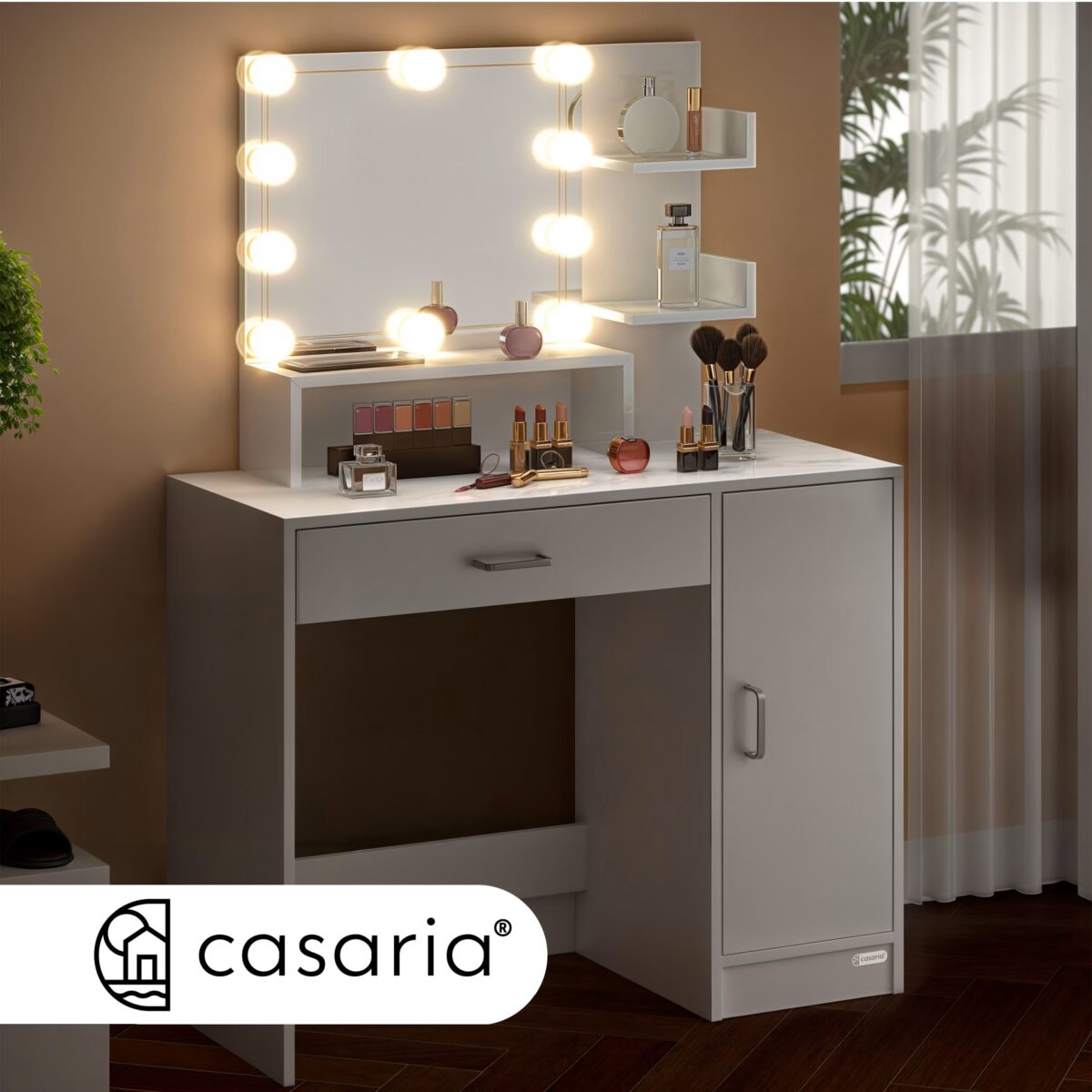 Masa de toaleta pentru machiaj cu scaun rotativ, LED, dulap, sertar si rafturi, alba, 140x90x40cm, Casaria - imagine 3