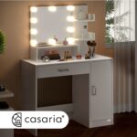 Masa de toaleta pentru machiaj cu scaun rotativ, LED, dulap, sertar si rafturi, alba, 140x90x40cm, Casaria - imagine 3