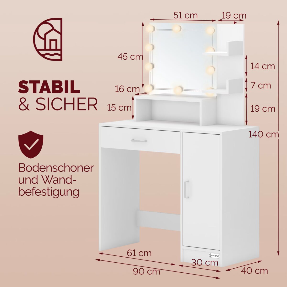 Masa de toaleta pentru machiaj cu scaun rotativ, LED, dulap, sertar si rafturi, alba, 140x90x40cm, Casaria - imagine 8
