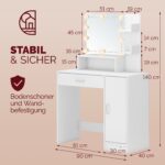 Masa de toaleta pentru machiaj cu scaun rotativ, LED, dulap, sertar si rafturi, alba, 140x90x40cm, Casaria - imagine 8