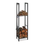 Suport depozitare lemne de foc cu 2 rafturi, carlige pentru ustensile, otel, antracit, 150 x 60 x 25 cm, Relaxdays