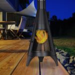 Semineu terasa exterior, incalzitor, usa protectie, din otel, 120 x 45 cm, negru, Relaxdays - imagine 2